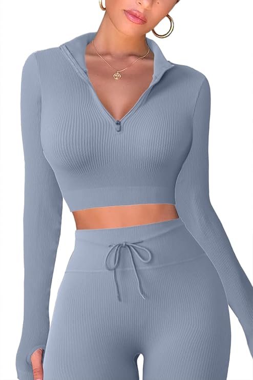 High Funnel Neckline Half-Zip Crop Top with Ruched Back Butt-Lifting Leggings